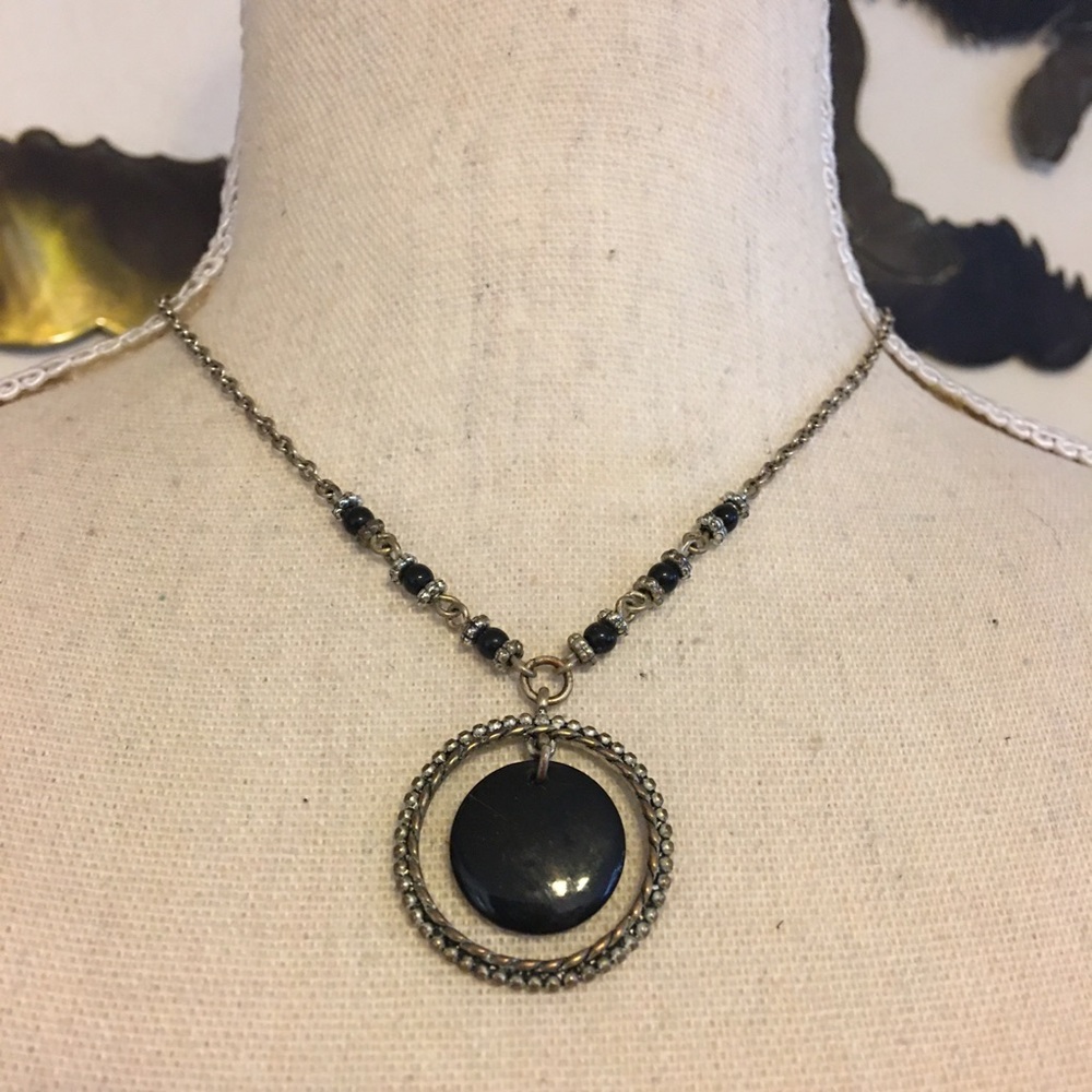 Silver tone dangle bead medallion chain necklace